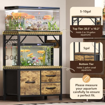 Heybly 5-10 Gallon Fish Tank Stand, Aquarium Stand with Drawer, Power Outlet, Heavy Duty Metal Frame, for Fish Tank, Turtle & Reptile Terrarium, 20.5" × 10.2" Top, 200lbs, Rustic Brown HAS002SSR-1 - color: Rustic Brown, size: 5-10 gal