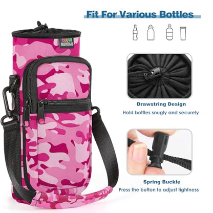 Nuovoware Water Bottle Carrier Bag, 25oz/32oz, Camouflage Pink | Adjustable Shoulder Hand Strap, 2 Pocket, Neoprene Sleeve, For Hiking Travelling Camping - color: Camouflage Pink, size: 25-32 Ounces - Standard