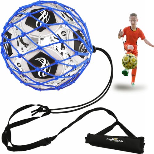 PodiuMax Handle Solo Soccer Kick Trainer with New Ball Locked Net Design, Soccer Ball Bungee Elastic Training Juggling Net (Fits Ball Size 3, 4, 5) - color: Blue