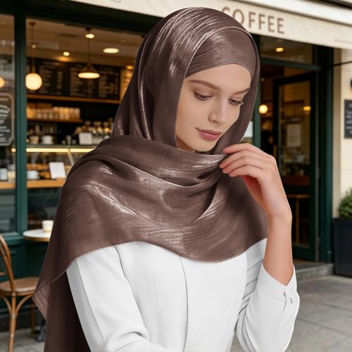 Premium Hijab Head Scarf for Women Lightweight Shimmer Hijab Head Wrap Scarves Crepe Satin Scarf Shawl Wrap - color: Dark Brown