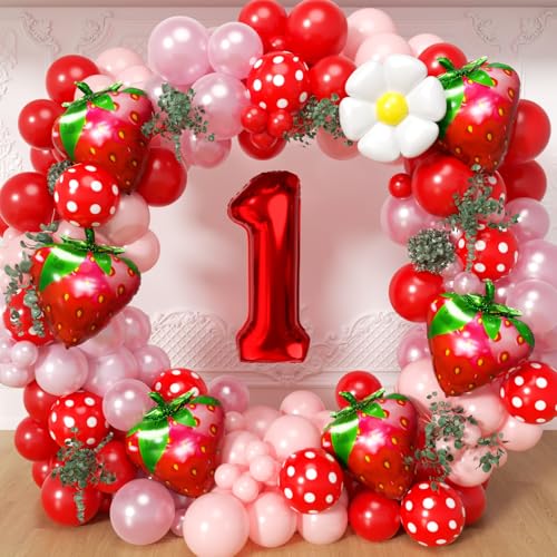 Strawberry Balloons Garland Arch Kit -Berry First Birthday Party Decorations, Number 1 Balloon and Pastel Daisy Balloons for Girls Sweet One Baby Shower Strawberry Themed Decoration - color: Red and Pink
