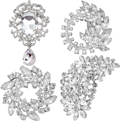 Ezing 4 Pieces Lot Large Big Silver Gold Plated Assorted Crystal Rhinestones Brooch Pins Set - color: F