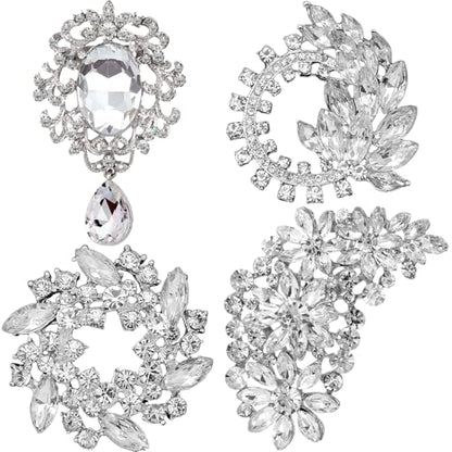 Ezing 4 Pieces Lot Large Big Silver Gold Plated Assorted Crystal Rhinestones Brooch Pins Set - color: F