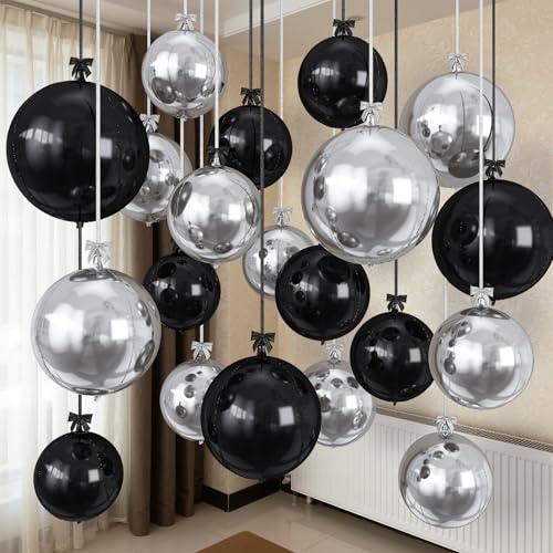Togvu Black Silver Round Foil Balloons, 16PCS Different Sizes 4D Metallic Balloon Large Sphere Mirror Ball Balloons for Prom Graduation New Year Halloween Birthday Party Ceiling Decorations Supplies - color: Black Silver