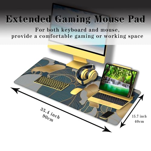 Mouse Pad for Women Gold Blue Desktop Pad Gaming Mouse Pads Large Mousepad Office Pad Waterproof Non-Slip Rubber Base 35.4" X 15.7" for Game Office, Precious Leaves of The Jungle - color: Precious Leaves