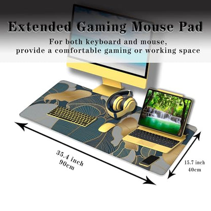 Mouse Pad for Women Gold Blue Desktop Pad Gaming Mouse Pads Large Mousepad Office Pad Waterproof Non-Slip Rubber Base 35.4" X 15.7" for Game Office, Precious Leaves of The Jungle - color: Precious Leaves