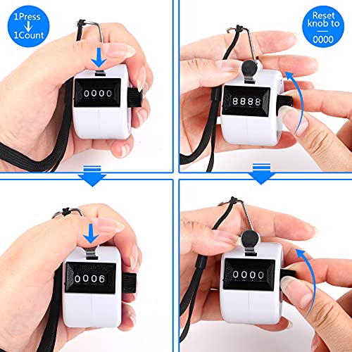 FEBSNOW Handheld Tally Counter Clicker 4 Digital Number Click Counter for School Event Golf Sports Office Stadium - color: Black White
