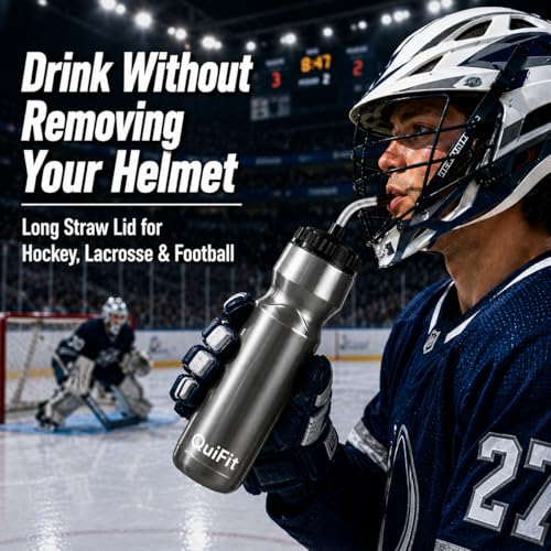 QuiFit Lacrosse Water Bottle with Long Straw -32oz Hockey Water Bottle 2 Pack with 2 Lids Each- BPA Free Squeeze Sports Water Bottles, Leakproof Dishwasher Safe- for Helmet,Lacrosse (Gray) - color: Gray