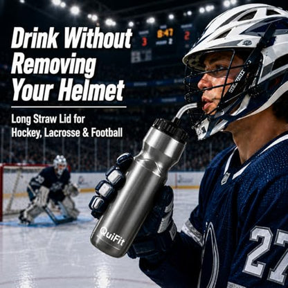 QuiFit Lacrosse Water Bottle with Long Straw -32oz Hockey Water Bottle 2 Pack with 2 Lids Each- BPA Free Squeeze Sports Water Bottles, Leakproof Dishwasher Safe- for Helmet,Lacrosse (Gray) - color: Gray