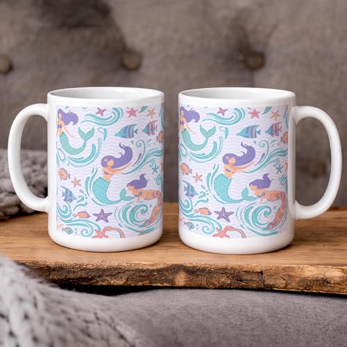 Mermaid Ceramic Coffee Mug, Underwater Playful Fish Starfish Summer Aqua Novelty Work Drinking Mugs with Handle Ideal for Friendship Family Colleague Staff Sweetheart Teachers 15 Oz - size: 15 Ounces