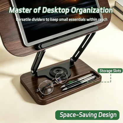 Book Stand for Desk, 360° Rotating Cookbook Holder for Hands-Free Reading Recipe Book Holder with Page Clips, Adjustable Height for Textbooks, Comics, Sheet Music - style: Book Stand(Walnut Finish)
