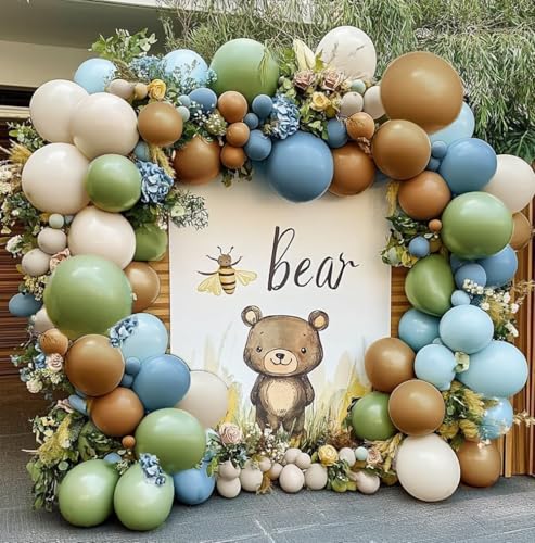 Blue Green Brown Balloon Garland Double Stuffed Dusty Blue Sage Green Balloons Olive White Sand Latex Balloon Arch Kit for Bear Baby Shower Birthday Woodland Wild One Fall Party Decorations - color: Dusty Blue Green Brown