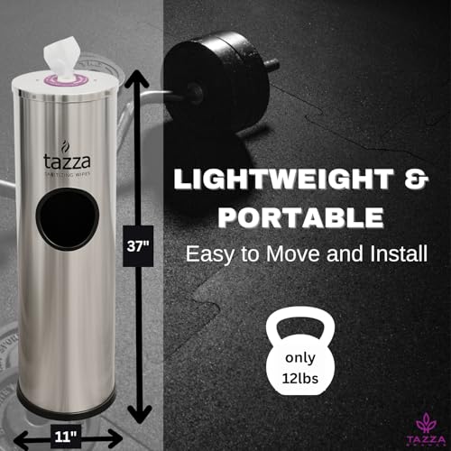 Tazza Stainless Steel Gym Wipe Dispenser with Trash Bin and 4 x 1200 Count Fitness Equipment Wipes, 4800 Total Wipes, Commercial Floor Standing Wipe Station for Gyms & Fitness Centers