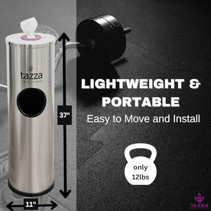 Tazza Stainless Steel Gym Wipe Dispenser with Trash Bin and 4 x 1200 Count Fitness Equipment Wipes, 4800 Total Wipes, Commercial Floor Standing Wipe Station for Gyms & Fitness Centers