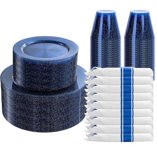 DaYammi 210PCS Cobalt Blue Glitter Plastic Dinnerware Set for 30 Guests - color: Cobalt Blue Glitter, size: 210PCS（30 Guests）