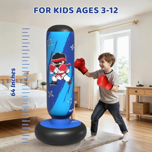 64 Inch Inflatable Punching Bag for Kids with Gloves and Pump, Kids Boxing Bag Set Toys & Gifts for Boys and Girls Ages 3-12 for Karate, Taekwondo, Active Play, Fitness Training
