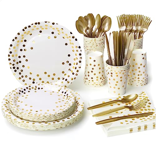 Lzerking Party Supplies Set - 210 Pieces of White and Gold Dot Paper Plates - color: Gold Dot-210 pieces