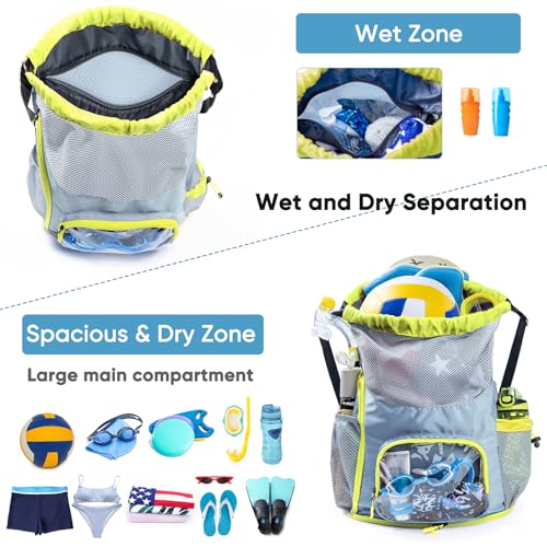 Mesh Drawstring Backpack with Shoe Compartment, Sandproof Beach Swim Bag with Wet Pocket, Pool Gym Shower Bag for Travel Summer Camp - color: Grey, style: Style a