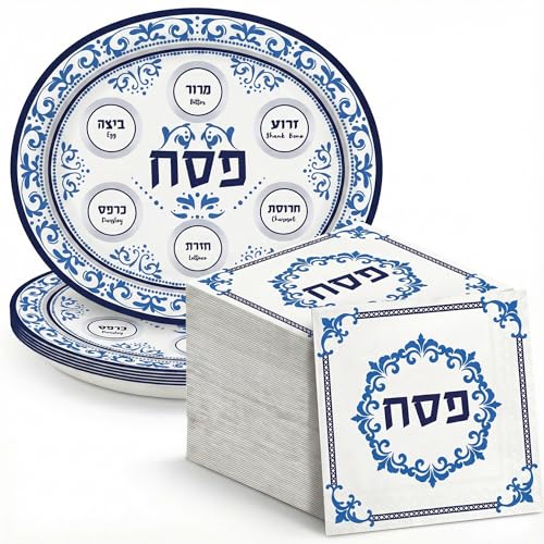 Dereinwo 50 Pcs Passover Seder Oval Plates and Napkins Disposable Paper Plates and Napkins for Pesach and all Seder - style: Passover