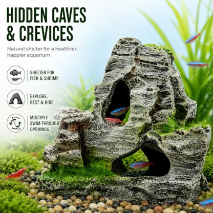 Resin Aquarium Mountain Decor with Moss Rock Cave - Multi-Level Terrain for Fish Tank Landscaping, Natural-Looking Rockery Design with Hidden Cave and Crevices for Shrimp, Reptile Habitat Aquascaping