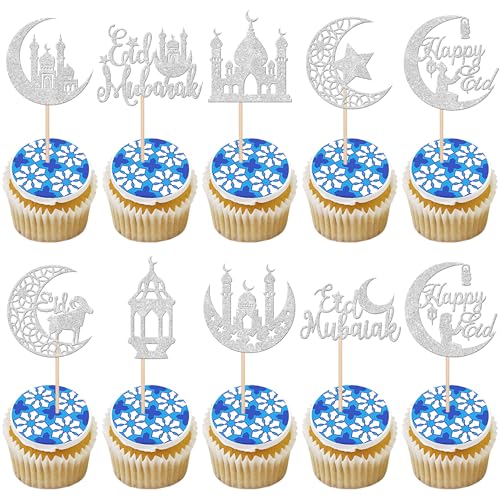 30 PCS Ramadan Cupcake Toppers Glitter Moon Star Eid Mubarak Cupcake Picks Happy Ramadan Decorations for Eid Islamic Muslim Theme Party Cake Decorations Supplies Silver - color: Design 8 Silver