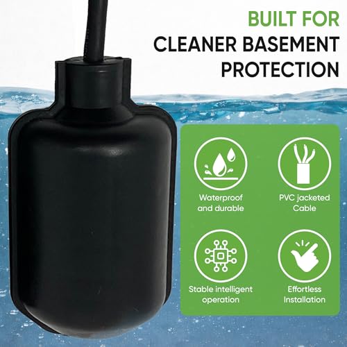 PumpSpy Sump Pump Tethered Universal Float Switch Replacement with Piggyback Plug for Sewage, Reliable Water Level Performance - 10 foot cord - style: 10' Cord