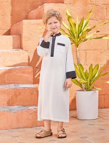 IWEMEK Kids Thobe for Muslim Boys Robe Eid Ramadan Kaftan Dubai Islamic Prayer Clothes Arabic Abaya Ethnic Dress with Pockets - color: Black-white, size: 5-6 Years