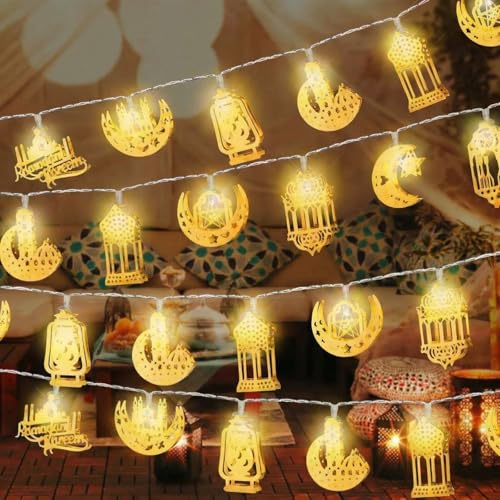 Xuhal 2 Pcs Ramadan Decorations Eid String Light 20 LED 10 ft Battery Operated Kerosene Lantern Lamp Moon Star Eid Mubarak Lights for Home Mantle Window Tree Bedroom Classroom Decor - style: Moon