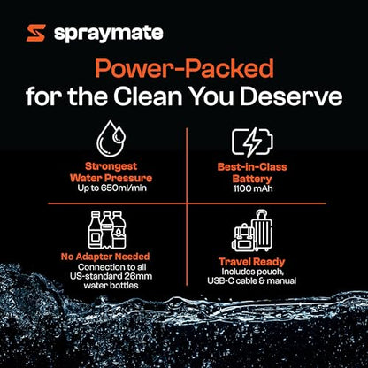Portable Bidet for Travel – Electric High Pressure Rechargeable Bidet for Women & Men | 400ML Bottle | 650ML/Min Flow | USB-C | 1100mAh Battery | USA Brand – Spray Mate