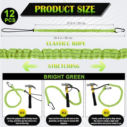 12 Pack Tool Lanyard with Single Metal Buckle and Adjustable Loop End, Standard Length, Maximum Weight Limit 8KG/ 17.6lb, with Aluminum Screw Lock, Retractable Shock Cord Stopper (Green) - color: Green