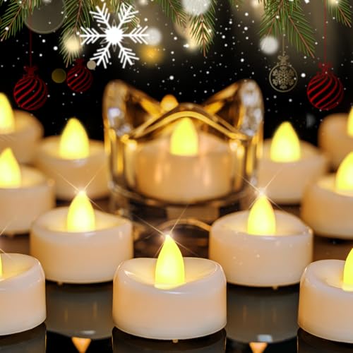 Merrynights LED Tea Lights, 24-Pack Battery Operated, Long-Lasting 200 Hour Flameless Candles, Flickering for Halloween & Fall, Warm Yellow, 1.5'' D x 1.25'' H - color: Warm Yellow, size: 24-Pack