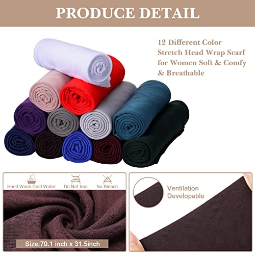 12 Pieces Extra Long Stretch Jersey Turban Head Wrap Knit African Fashion Headband Long Hair Scarf Breathable Solid Color Turban Tie for Black Women