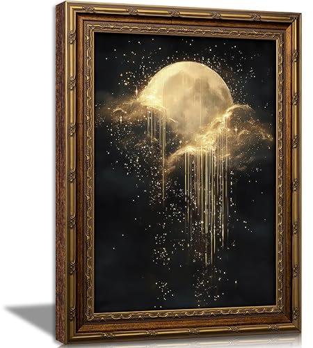 Vintage Gold Framed Golden Moon Celestial Wall Art,Moody Celestial Painting Canvas Print,Glittering Golden Rain & Sparkling Stars Wall Decor,Gothic Night Sky Stars Artwork,for Bedroom Living Room Bathroom - color: Dark Clouds, size: 16"L x 12"W