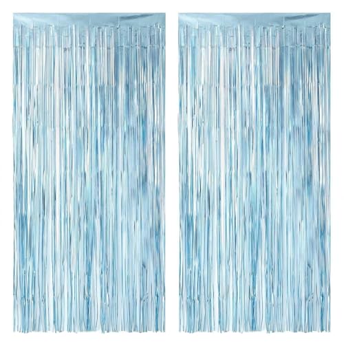 2 Pack Blue Tinsel Door Curtain 3ft x 8ft – Metallic Foil Fringe Backdrop, Shiny Streamer Photo Booth Background for Birthday, Baby Shower, Wedding, Graduation, Winter Decor - color: Glittering Blue