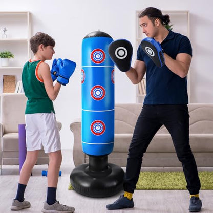 7 Pcs Kids Punching Bag Set Include Boxing Gloves, Inflatable Punching Bag, Hand Wraps, Hand Pads, Air Pump, Kids Boxing Training Set for Karate Kickboxing Taekwondo - color: Blue