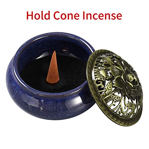 Miupoo Incense Burner and Cone Incense Holder with Brass Incense Stick Holder Ceramic Ash Catcher (Dark Blue) - color: Dark Blue