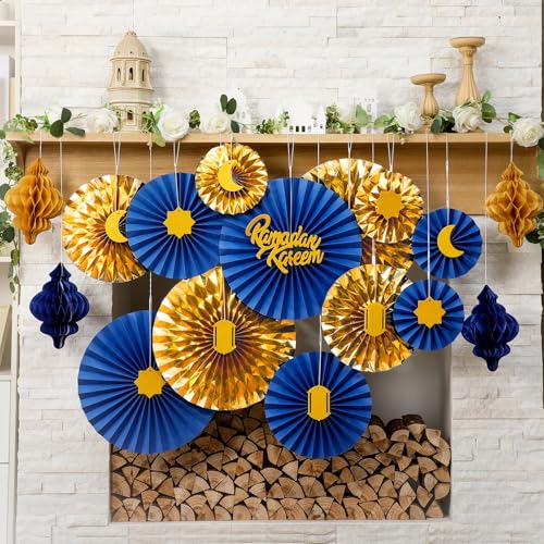 Epakh 29 Pcs Eid al Adha Decorations for Home Eid al Adha Hanging Paper Lantern Wall Ceiling Decoration Honeycomb Paper Fan Decoration Home Wedding Party Supply(Blue & Gold) - color: Blue & Gold