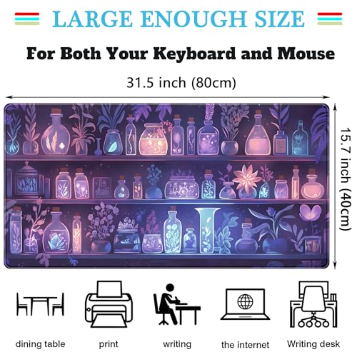 Cute Cozy Purple Gaming Desk Mat, Mystical Potion Bottles Mouse Pad XXL Large Extended Aesthetic Apothecary Shelf Desk Pad, Fun Computer Desktop Pad Mat Laptop Keyboard and Mouse Mat 31.5x15.7 in - color: Purple Potion Bottles