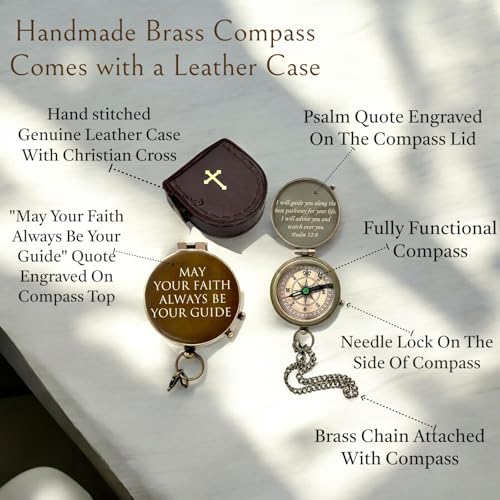 Engraved Brass Compass with Sundial Clock May Your Faith Always Be Your Guide Psalm 32:8 Christian Keepsake Gift Direction Guide Compass with Carry Case for Special Religious Occasions