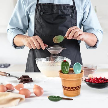 5 Pieces Measuring Spoons Set/Ceramics Spoons and Measuring Base Cup/for Dry and Liquid Ingredient, Cute Cactus Shape (Wave base) - color: Wave base