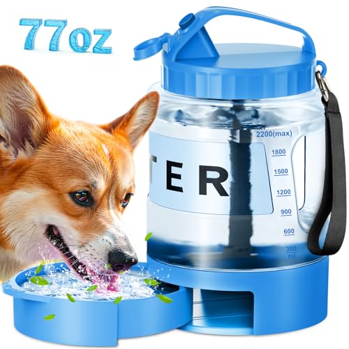 77oz Large Dog Water Bottle - Portable Travel Dog Water Dispenser & Bowl - Leak-Proof Pet Water Jug for Hiking, Camping, Walking & Car Trips, Blue