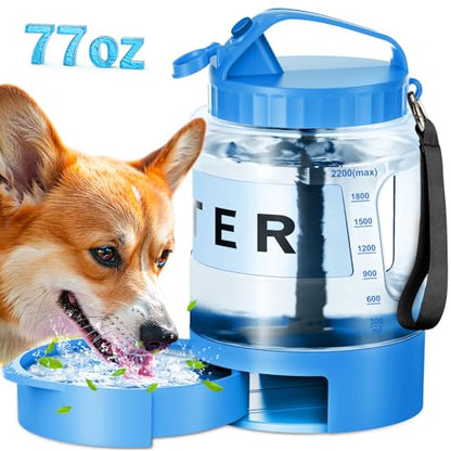 77oz Large Dog Water Bottle - Portable Travel Dog Water Dispenser & Bowl - Leak-Proof Pet Water Jug for Hiking, Camping, Walking & Car Trips, Blue