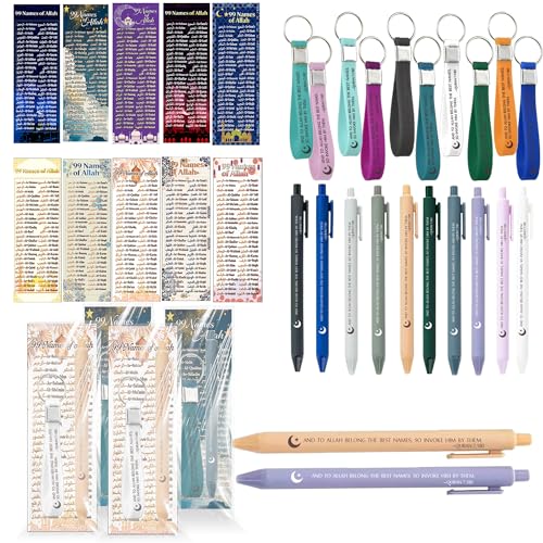30 Sets 99 Names of Allah Bookmark Pens with Quran Writings Silicone Keys Chains Arabic English Bilingual Islamic Graduation Gifts Bulk for Quran Learning Reflecting on The Names of Allah