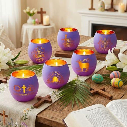 FoldTier 6 Pcs Easter Candle Holders He is Risen Tealight Votive Candle Holder for Table Centerpiece Christian Religious Glass Tealight Votive Easter Tabletop Decor for Home Altar Decoration - style: Easter