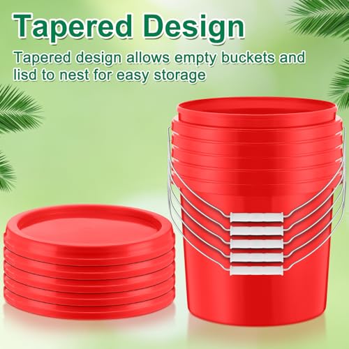 Tioncy 10 Pcs 2 Gallon Plastic Buckets with Lids and Handles,Red | Storage Pails for Paint, Cleaning, Organizing, Durable Containers, Metal Handles, Plastic Material - color: Red