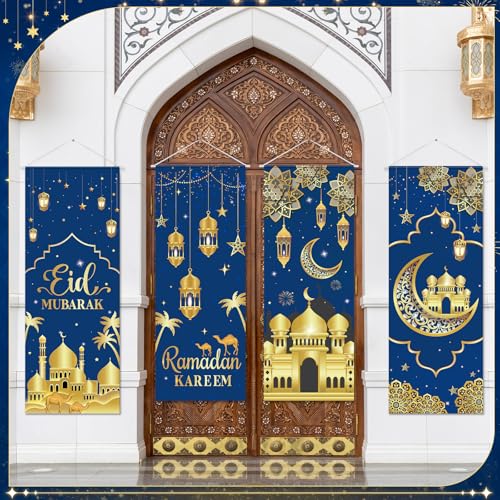 Panelee 4 Pcs Ramadan Mubarak Porch Sign Banners Blue Gold Eid Mubarak Decorations Muslim Ramadan Kareem Door Banner Backdrop for Home Doorway Indoor Outdoor Wall Hanging Decor - style: Blue Gold Eid