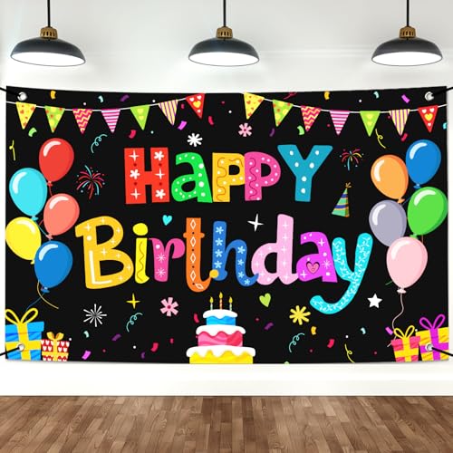 Happy Birthday Banner Backdrop Decorations Flag Outdoor 71x44 Inch,Colorful Rainbow Birthday Bunting for Boys Girls Indoor Home Party Supplies,Yard Sign Photography Background - color: Birthday Black