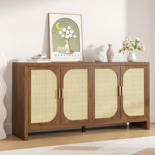 Fiogmub Rattan Sideboard Buffet Cabinet with Storage, Wooden Cabinet | 4 Doors Adjustable Shelves, for Kitchen, Dining Room, Entryway - color: Walnut