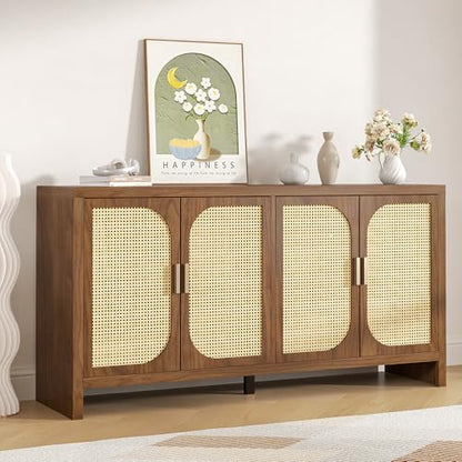 Fiogmub Rattan Sideboard Buffet Cabinet with Storage, Wooden Cabinet | 4 Doors Adjustable Shelves, for Kitchen, Dining Room, Entryway - color: Walnut