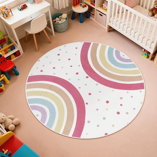 STARUIA Round Rainbow Rug for Girls Bedroom, 4 Ft Washable Kids Rug for Playroom, Non-Slip Circle Area Rug Colorful Princess Carpet for Nursery Teen Dorm Tent - color: Colorful, size: 4' x 4' (Round)